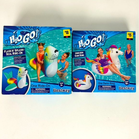 NIB – “2 Items” Bestway H2OGO! FLASH N' SPLASH SEAL RIDE-ON & UNICORN SWIM RING - Picture 1 of 6